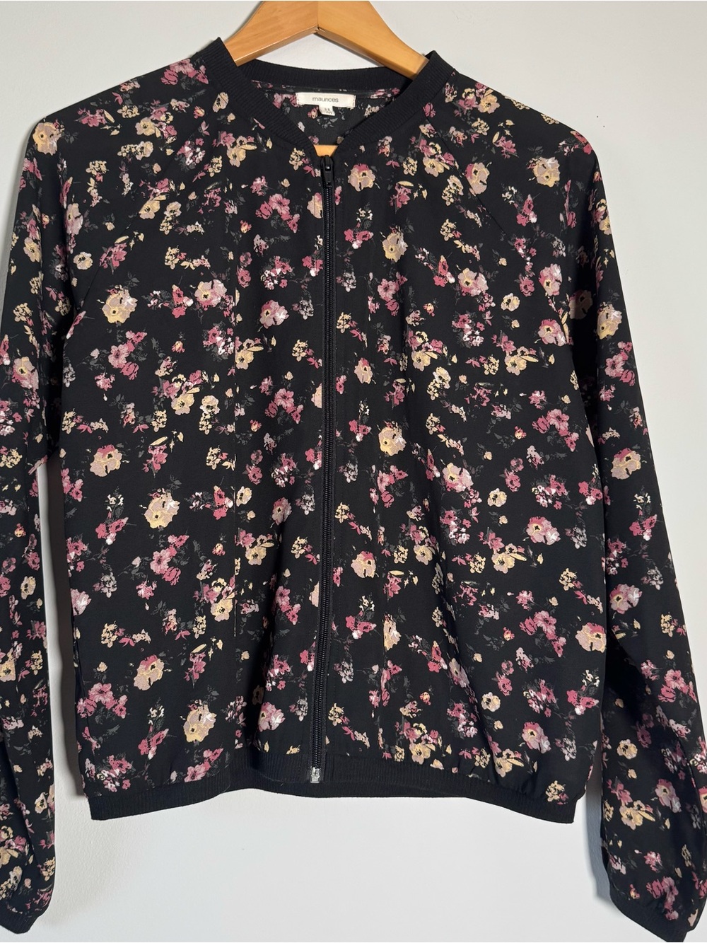 MAURICES Floral Zip Bomber Jacket - Black with Pink & Cream Flowers Size Medium